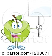 Cartoon Of A Happy Green Apple Mascot Holding A Sign Royalty Free Vector Clipart