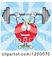 Poster, Art Print Of Happy Strong Red Apple Mascot Lifting A Barbell Over Blue Rays
