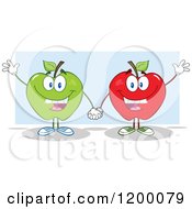 Poster, Art Print Of Friendly Green And Red Apple Mascots Waving Over Blue