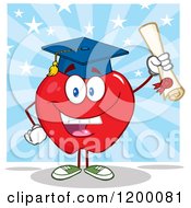 Poster, Art Print Of Graduate Red Apple Mascot Holding A Diploma Over Blue Rays And Stars