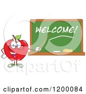 Poster, Art Print Of Red Apple Teacher Mascot Using A Pointer Stick By A Welcome Chalk Board