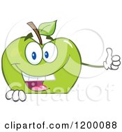 Poster, Art Print Of Happy Green Apple Mascot Holding A Thumb Up Over A Sign