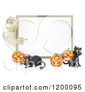 Poster, Art Print Of Halloween Mummy Pumpkins And Black Cats Around A White Sign