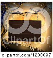 Poster, Art Print Of Wooden Sign Hanging From A Spooky Tree Against An Orange Halloween Moon