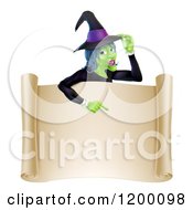 Poster, Art Print Of Green Halloween Witch Poinging Down To A Scroll Sign