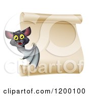 Cartoon Of A Happy Halloween Vampire Bat Presenting A Scroll Sign Royalty Free Vector Clipart