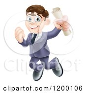 Poster, Art Print Of Happy Brunette Graduate Business Man Jumping And Holding A Diploma