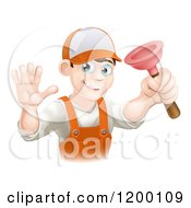 Poster, Art Print Of Friendly Young Brunette Plumber Holding A Plunger And Waving