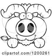 Cartoon Of A Black And White Cute Ox Calf Over A Ledge Or Sign Royalty Free Vector Clipart