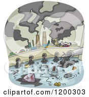 Polluted City With Smoke Stacks And Waste Flowing Into Water