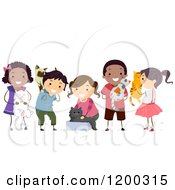 Poster, Art Print Of Group Of Happy Diverse Children With Pet Cats