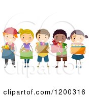 Cartoon Of A Group Of Diverse Children With Toy And Book Drive Donation Boxes Royalty Free Vector Clipart