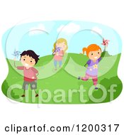 Poster, Art Print Of Happy Children Running With Pinwheels On A Sunny Day