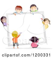 Poster, Art Print Of Group Of Happy Diverse Children Coloring A White Board