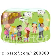 Cartoon Of A Male Teacher And Happy Diverse School Children Visiting A Farm Royalty Free Vector Clipart