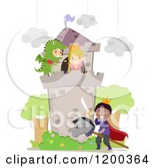 Cartoon Of Diverse Children Playing A Dragon Princess And Prince In A School Play Royalty Free Vector Clipart