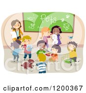 Poster, Art Print Of Female Teacher And Happy Diverse School Chidlren Sharing Their Pets