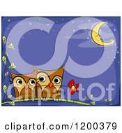 Poster, Art Print Of Loving Owl Couple With A Flower Under A Crescent Moon With Text Space