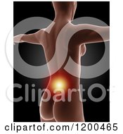 Clipart Of A 3d Medical Female Model With Glowing Lower Back Pain On Black 3 Royalty Free CGI Illustration
