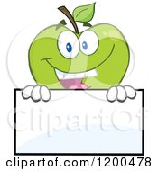 Cartoon Of A Happy Green Apple Smiling Over A Sign Board Royalty Free Vector Clipart by Hit Toon