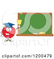 Poster, Art Print Of Happy Red Apple Wearing A Graduation Cap And Ringing A Bell By A Chalkboard