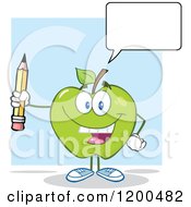 Cartoon Of A Happy Talking Green Apple Holding A Pencil Royalty Free Vector Clipart by Hit Toon