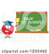 Poster, Art Print Of Happy Red Apple Wearing A Graduation Cap And Ringing A Bell By A Back To School Chalkboard