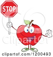Poster, Art Print Of Happy Red Apple Gesturing And Holding A Stop Sign