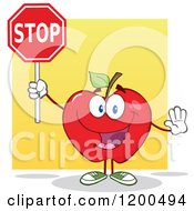 Cartoon Of A Happy Red Apple Gesturing And Holding A Stop Sign Over Yellow Royalty Free Vector Clipart