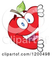 Poster, Art Print Of Happy Red Apple Looking Around A Sign Or Corner