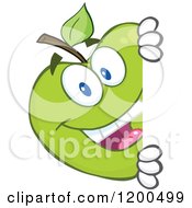 Poster, Art Print Of Happy Green Apple Looking Around A Sign Or Corner