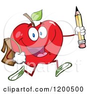 Poster, Art Print Of Happy Red Apple Running With A Backpack And Pencil