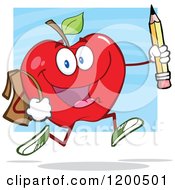 Poster, Art Print Of Happy Red Apple Running With A Backpack And Pencil Over Blue