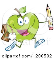 Poster, Art Print Of Happy Green Apple Running With A Backpack And Pencil