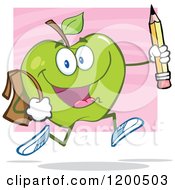 Cartoon Of A Happy Green Apple Running With A Backpack And Pencil Over Pink Royalty Free Vector Clipart by Hit Toon