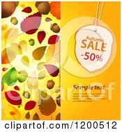 Poster, Art Print Of Acorn Shaped Autumn Sale Discount Tag Over Sample Text On A Panel With Autumn Leaves