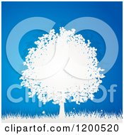 Poster, Art Print Of 3d White Paper Tree And Grass Over Bue