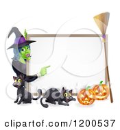 Witch Pointing To A White Board Sign Over A Black Cat And Halloween Pumpkins With A Broom