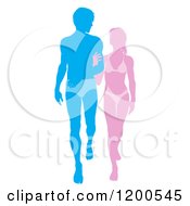 Poster, Art Print Of Silhouetted Pink And Blue Beach Couple Walking Arm In Arm In Beach Wear