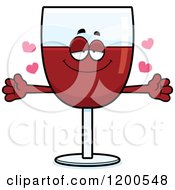 Cartoon Of A Loving Red Wine Glass Character With Open Arms And Hearts Royalty Free Vector Clipart