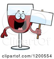 Cartoon Of A Happy Red Wine Glass Character Holding A Sign Royalty Free Vector Clipart