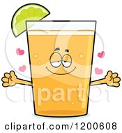 Cartoon Of A Loving Beer Mascot With Open Arms A Lime Slice And Hearts Royalty Free Vector Clipart