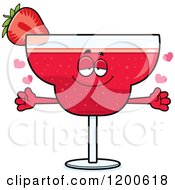 Cartoon Of A Loving Strawberry Daiquiri Mascot With Open Arms And Hearts Royalty Free Vector Clipart
