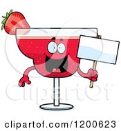 Cartoon Of A Happy Strawberry Daiquiri Mascot Holding A Sign Royalty Free Vector Clipart