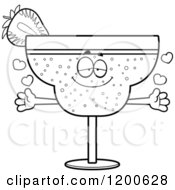 Cartoon Of A Black And White Loving Strawberry Daiquiri Mascot With Open Arms And Hearts Royalty Free Vector Clipart