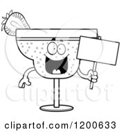 Cartoon Of A Black And White Happy Strawberry Daiquiri Mascot Holding A Sign Royalty Free Vector Clipart