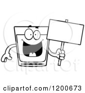Cartoon Of A Black And White Happy Shot Glass Mascot Holding A Sign Royalty Free Vector Clipart