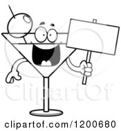 Cartoon Of A Black And White Happy Martini Mascot Holding A Sign Royalty Free Vector Clipart