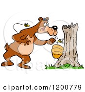 Cartoon Of Bees Buzzing Around A Bear Knocking On A Hive Royalty Free Vector Clipart