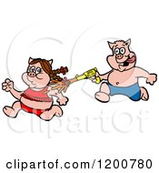 Male Pig Chasing A Female With A Bbq Sauce Squirt Gun